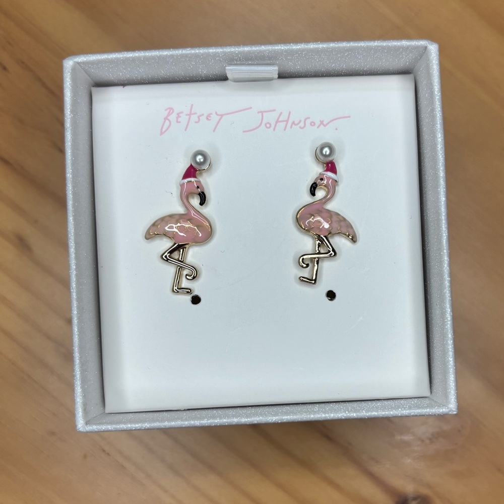 Betsey Johnson Pink Flamingo Earrings with Pearl Accent